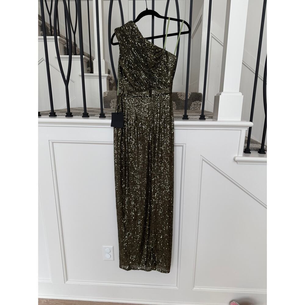 Ieena for Mac Duggal Women's Olive Sequins One-Shoulder Ruched Gown Dress Size 4 - Picture 5 of 8
